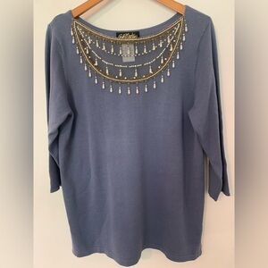 Bob Mackie Wearable Art Sweater Jeweled Sequin Beaded Neckline Lavender Women M
